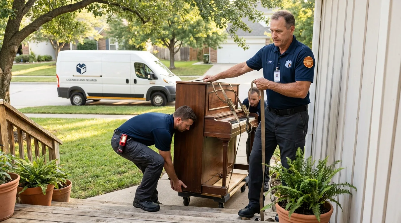 Licensed piano movers securing grand piano in Somerdale, NJ