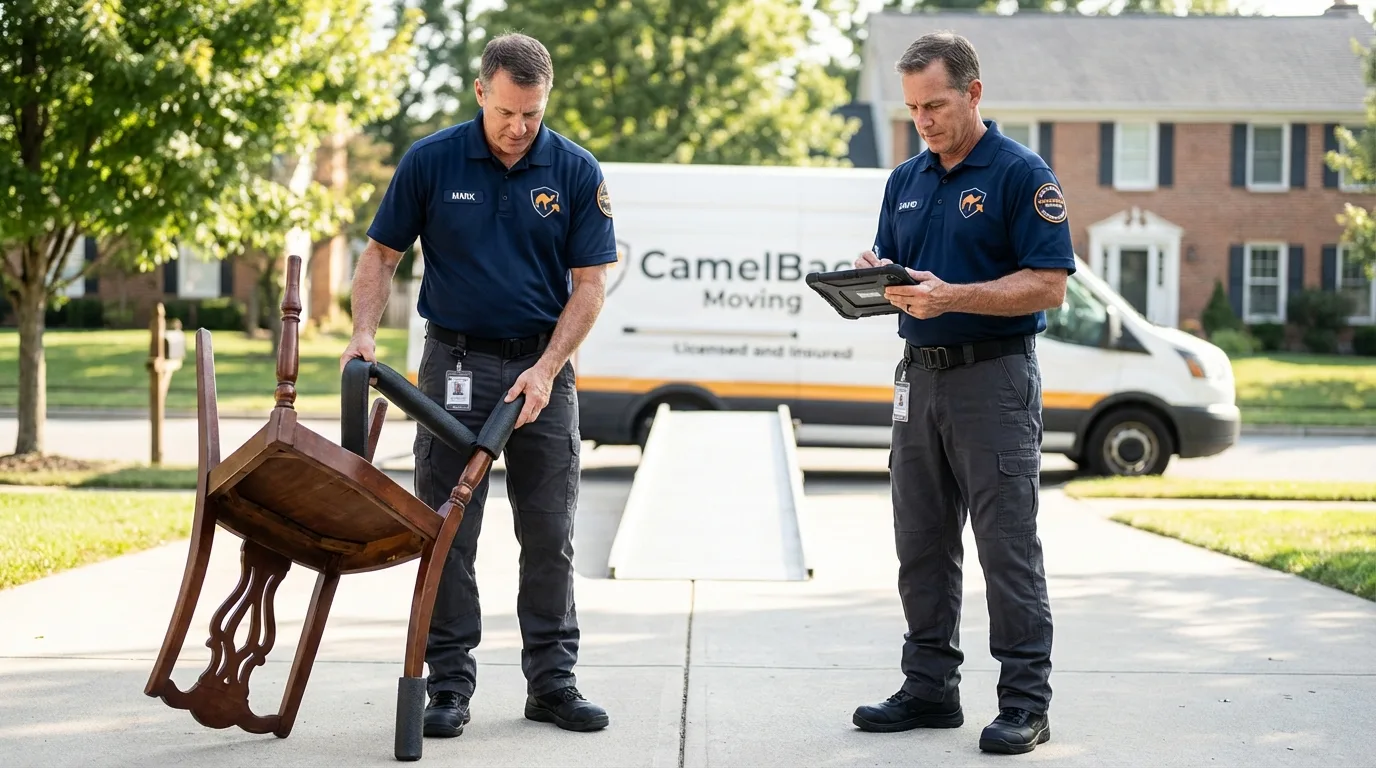 Movers inspecting furniture for damage prevention before loading in Somerdale, NJ